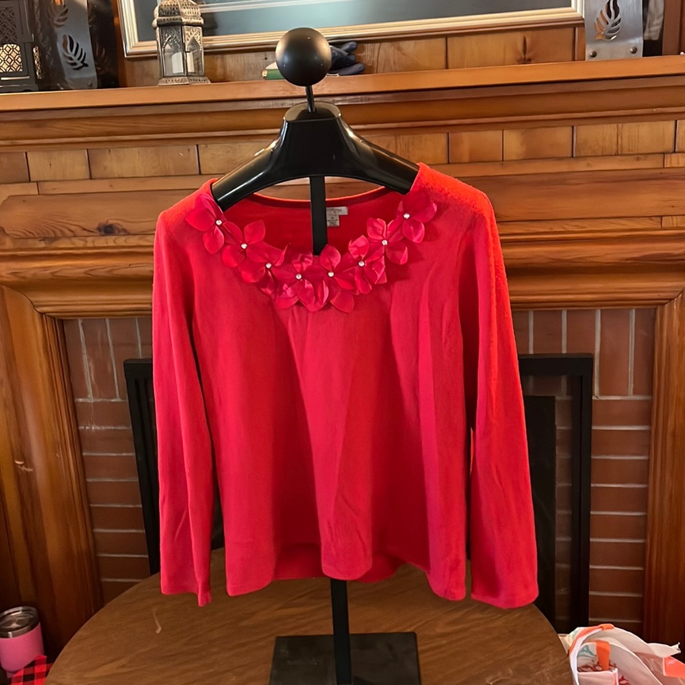 MERCER STREET STUDIOS super soft red sweater with silky red Flowers and gems